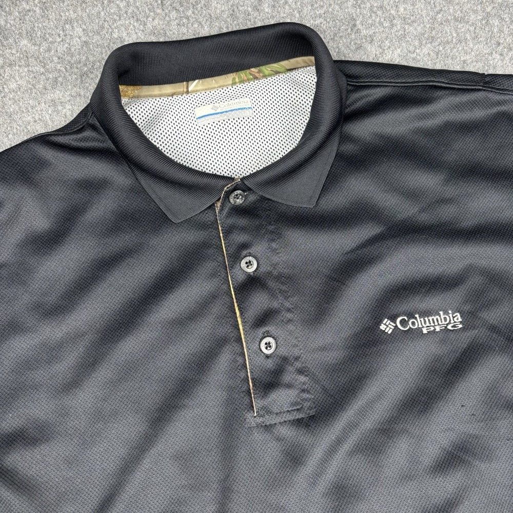 Columbia PFG Polo Shirt Mens Large Black Camo Vented Outdoor Fishing Omni Shade